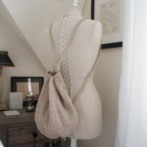 Vintage Beige Woven Bucket Bag Crossbody Satchel Backpack